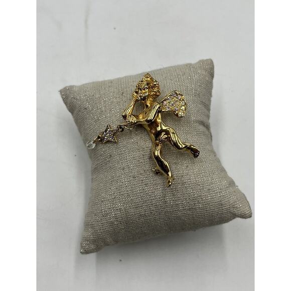Kirks Folly Two Angel Cherub Star Crystal Gold Tone Pin Brooch - Picture 6 of 13